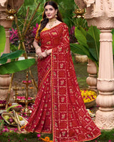 Vishal Prints Dark Brick Red Printed Chiffon Bandhani Print Saree With Foil Print And Fancy Border