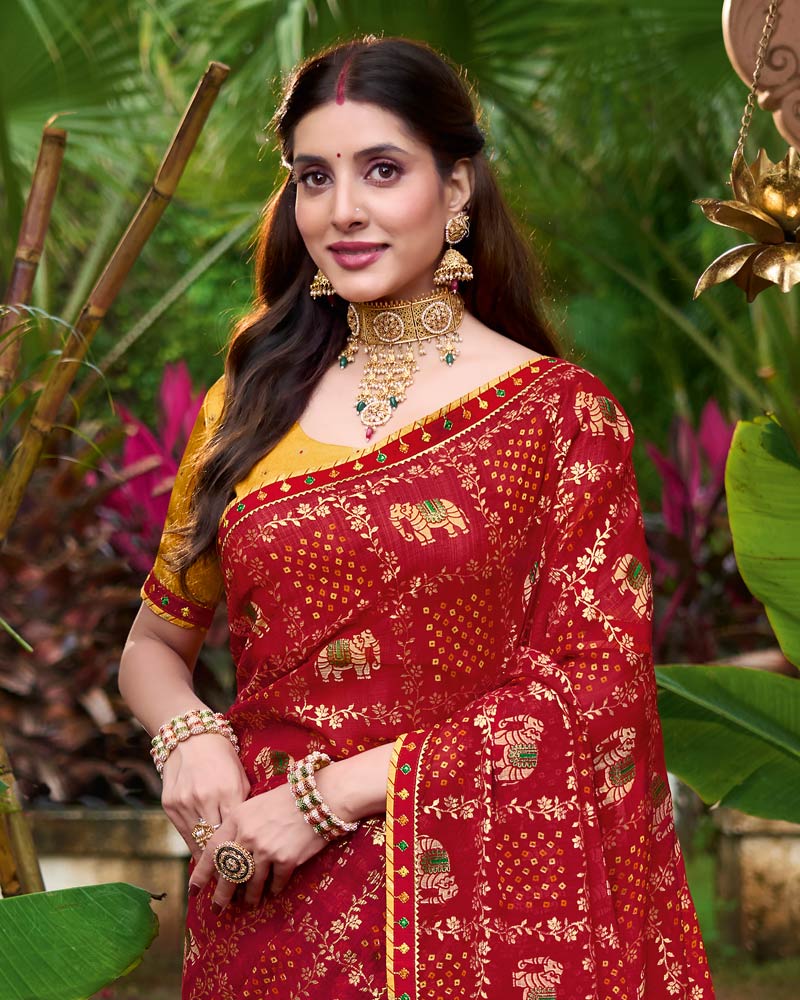 Vishal Prints Dark Brick Red Printed Chiffon Bandhani Print Saree With Foil Print And Fancy Border