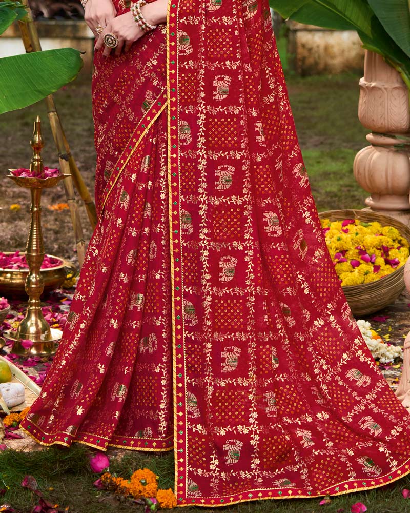 Vishal Prints Dark Brick Red Printed Chiffon Bandhani Print Saree With Foil Print And Fancy Border