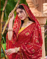 Vishal Prints Dark Brick Red Printed Chiffon Bandhani Print Saree With Foil Print And Fancy Border