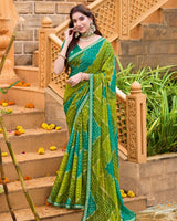 Vishal Prints Olive Green Printed Chiffon Bandhani Print Saree With Foil Print And Fancy Border