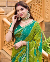 Vishal Prints Olive Green Printed Chiffon Bandhani Print Saree With Foil Print And Fancy Border