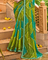Vishal Prints Olive Green Printed Chiffon Bandhani Print Saree With Foil Print And Fancy Border