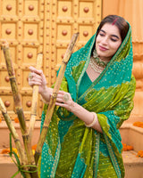 Vishal Prints Olive Green Printed Chiffon Bandhani Print Saree With Foil Print And Fancy Border