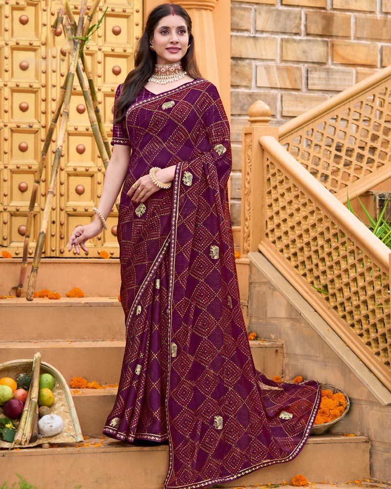 Vishal Prints Wine Berry Printed Chiffon Bandhani Print Saree With Foil Print And Fancy Border