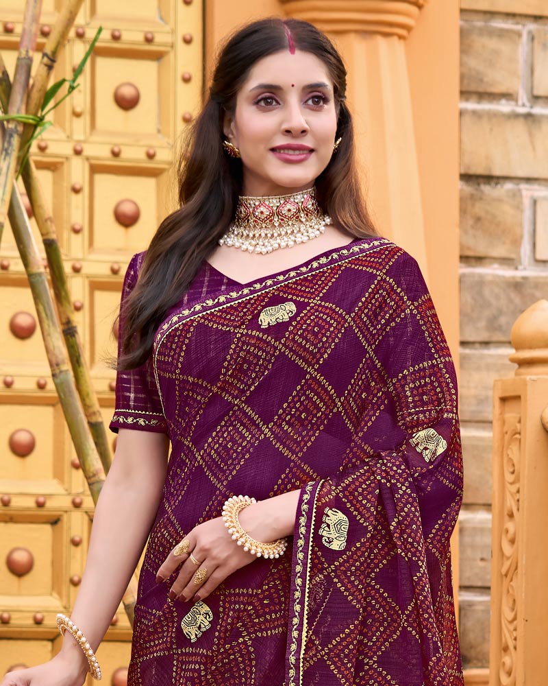 Vishal Prints Wine Berry Printed Chiffon Bandhani Print Saree With Foil Print And Fancy Border