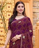 Vishal Prints Wine Berry Printed Chiffon Bandhani Print Saree With Foil Print And Fancy Border
