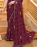 Vishal Prints Wine Berry Printed Chiffon Bandhani Print Saree With Foil Print And Fancy Border