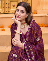 Vishal Prints Wine Berry Printed Chiffon Bandhani Print Saree With Foil Print And Fancy Border