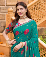 Vishal Prints Teal Green Printed Chiffon Bandhani Print Saree With Foil Print And Fancy Border