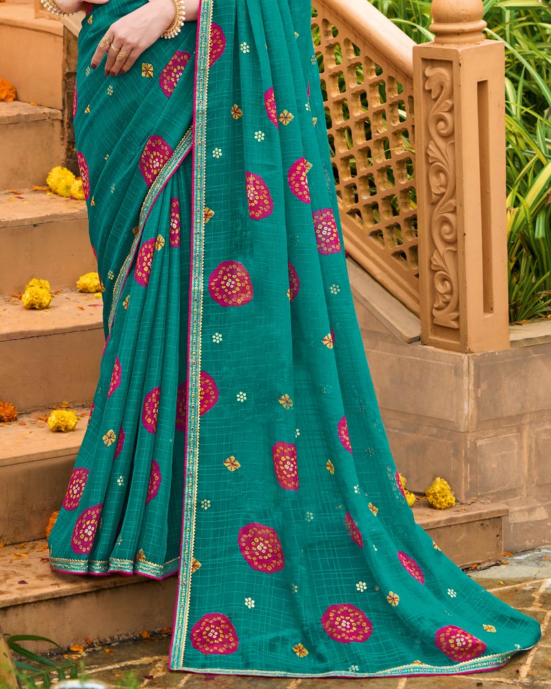 Vishal Prints Teal Green Printed Chiffon Bandhani Print Saree With Foil Print And Fancy Border