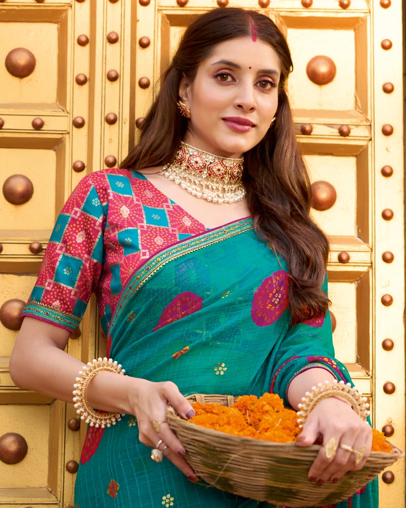 Vishal Prints Teal Green Printed Chiffon Bandhani Print Saree With Foil Print And Fancy Border