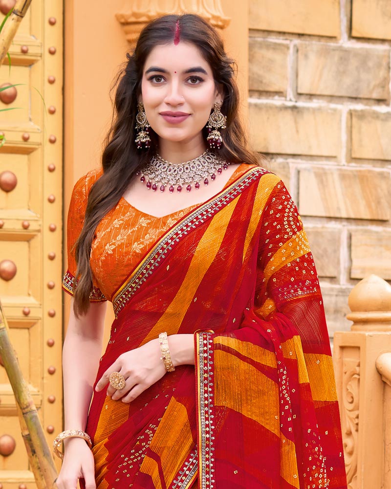 Vishal Prints Milano Red Printed Chiffon Bandhani Print Saree With Foil Print And Fancy Border