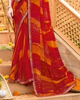 Vishal Prints Milano Red Printed Chiffon Bandhani Print Saree With Foil Print And Fancy Border