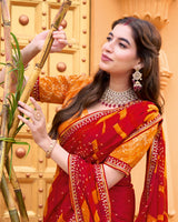 Vishal Prints Milano Red Printed Chiffon Bandhani Print Saree With Foil Print And Fancy Border