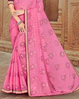 Vishal Prints Pink Printed Brasso Saree With Foil Print And Zari Border