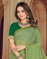 Vishal Prints Olive Green Printed Brasso Saree With Foil Print And Zari Border