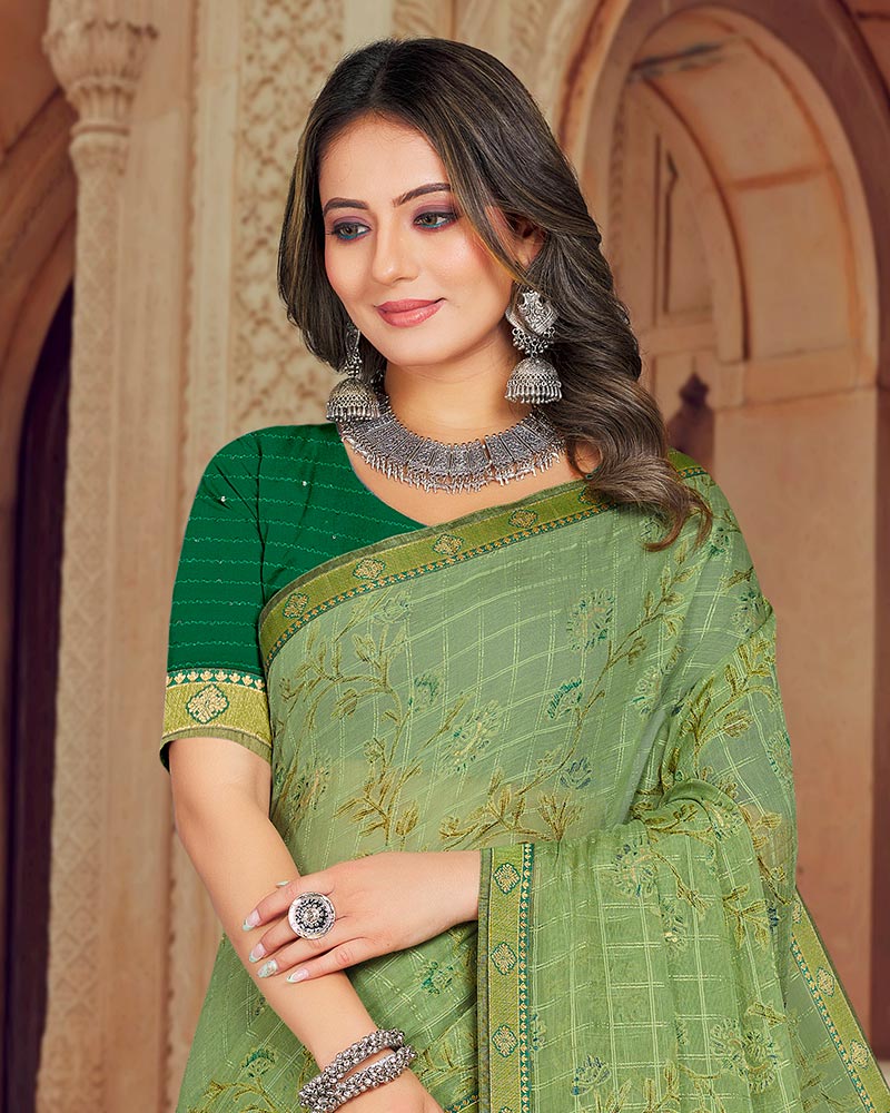 Vishal Prints Olive Green Printed Brasso Saree With Foil Print And Zari Border