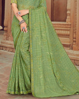 Vishal Prints Olive Green Printed Brasso Saree With Foil Print And Zari Border