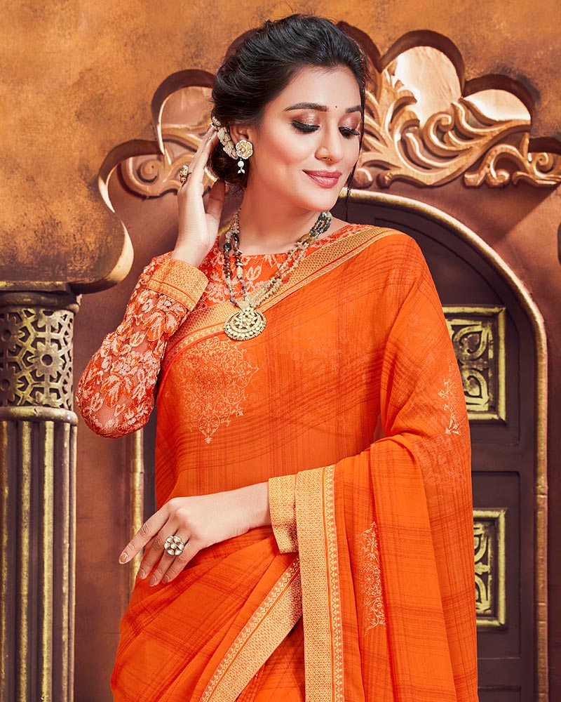Vishal Prints Dark Orange Foil Print Chiffon Saree With Zari Border