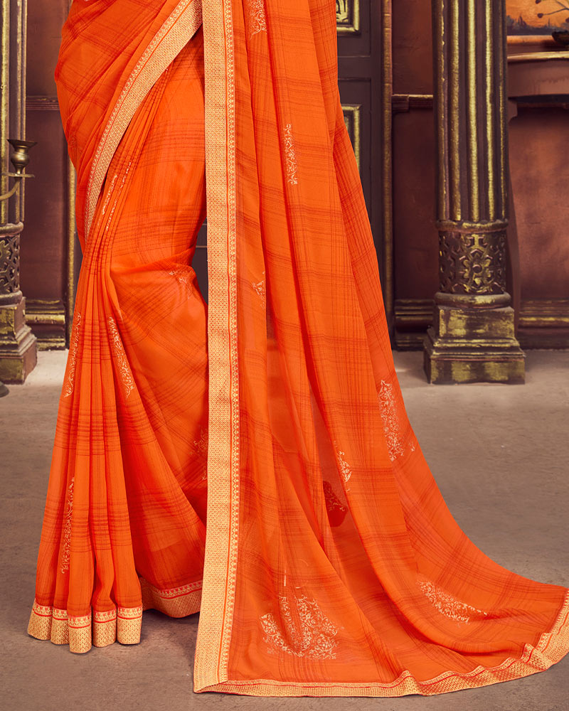 Vishal Prints Dark Orange Foil Print Chiffon Saree With Zari Border