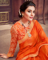 Vishal Prints Dark Orange Foil Print Chiffon Saree With Zari Border