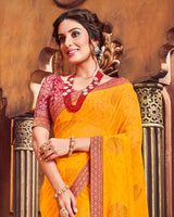 Vishal Prints Dark Orange Foil Print Chiffon Saree With Zari Border