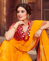Vishal Prints Dark Orange Foil Print Chiffon Saree With Zari Border