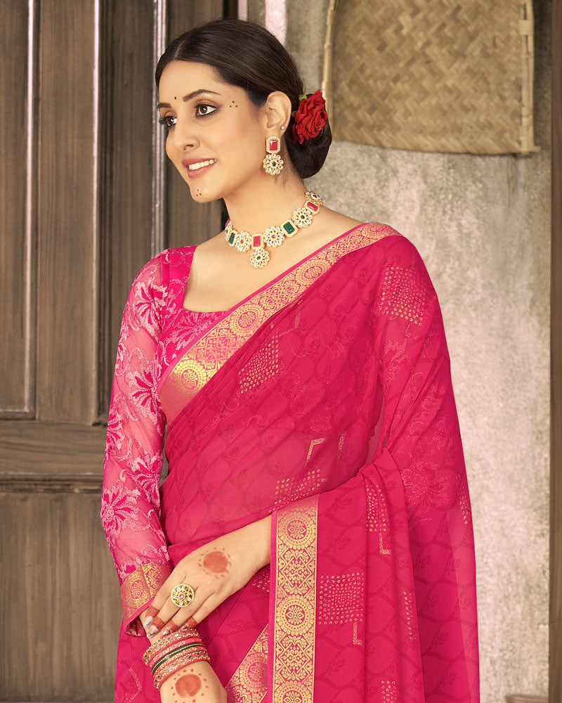 Vishal Prints Red Pink Georgette Saree With Foil Print And Zari Border