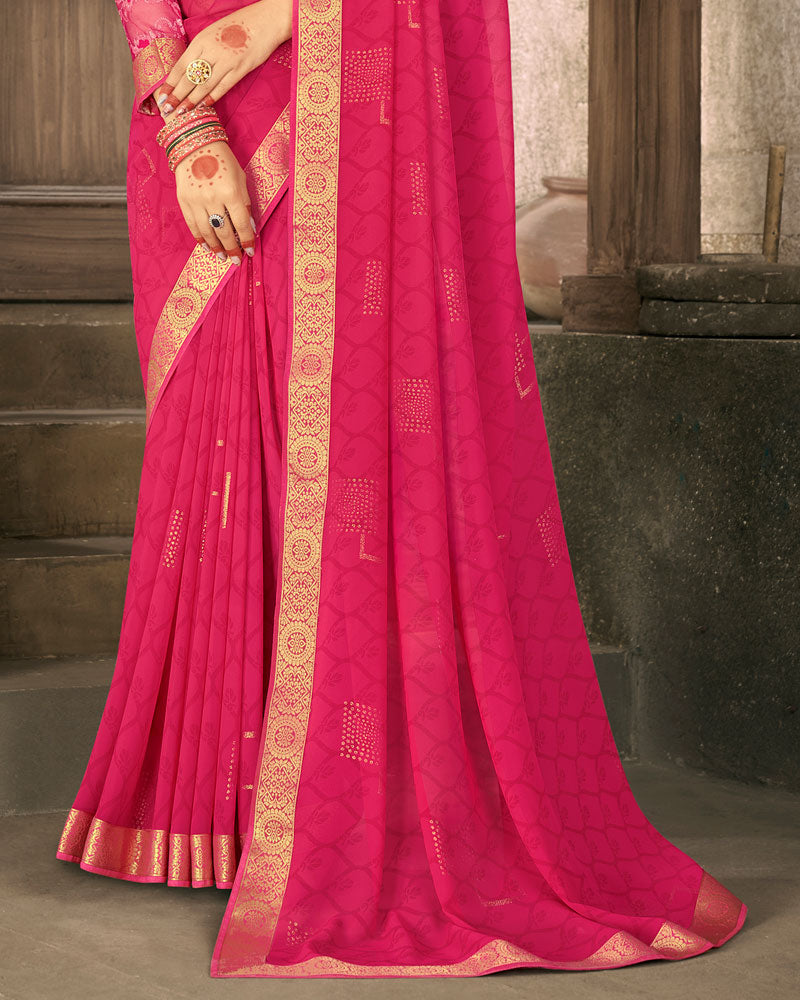 Vishal Prints Red Pink Georgette Saree With Foil Print And Zari Border