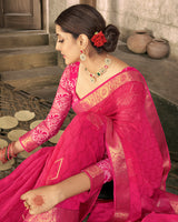 Vishal Prints Red Pink Georgette Saree With Foil Print And Zari Border
