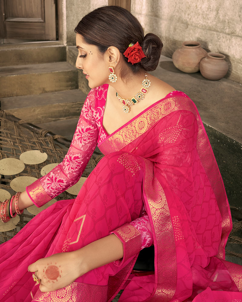 Vishal Prints Red Pink Georgette Saree With Foil Print And Zari Border