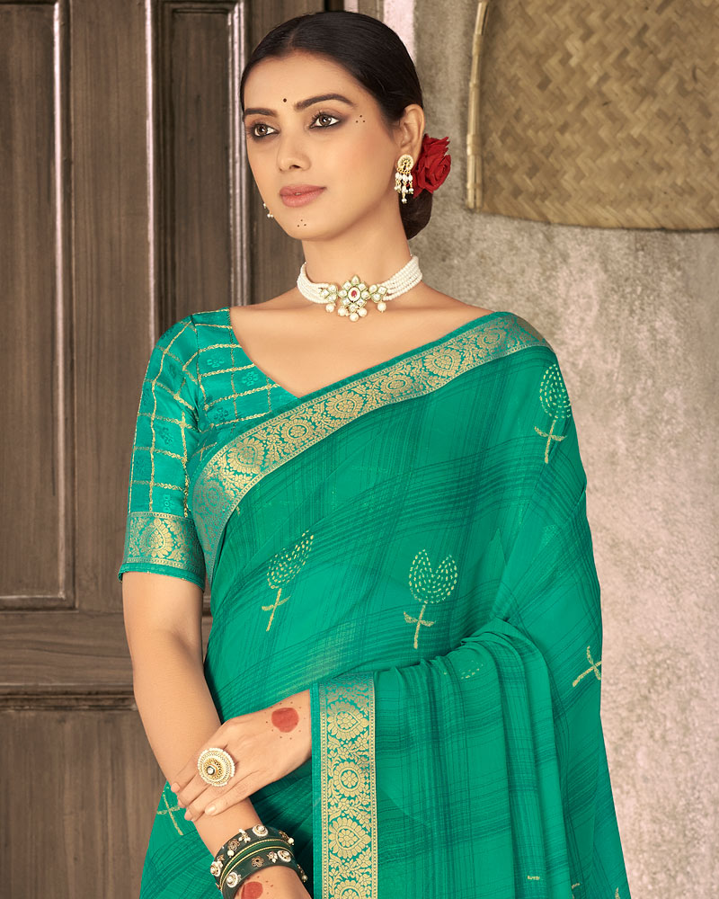 Vishal Prints Teal Blue Georgette Saree With Foil Print And Zari Border