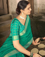 Vishal Prints Teal Blue Georgette Saree With Foil Print And Zari Border