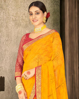 Vishal Prints Dark Yellow Georgette Saree With Foil Print And Zari Border