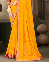 Vishal Prints Dark Yellow Georgette Saree With Foil Print And Zari Border