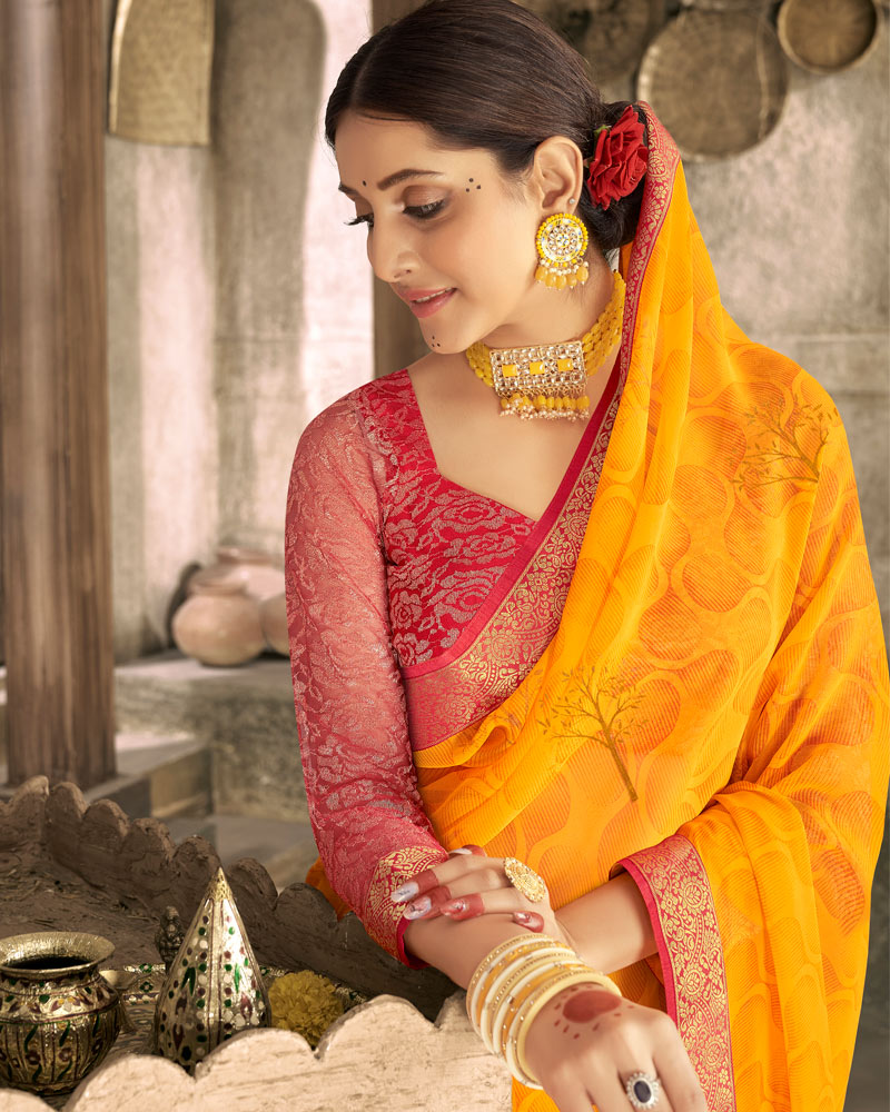 Vishal Prints Dark Yellow Georgette Saree With Foil Print And Zari Border