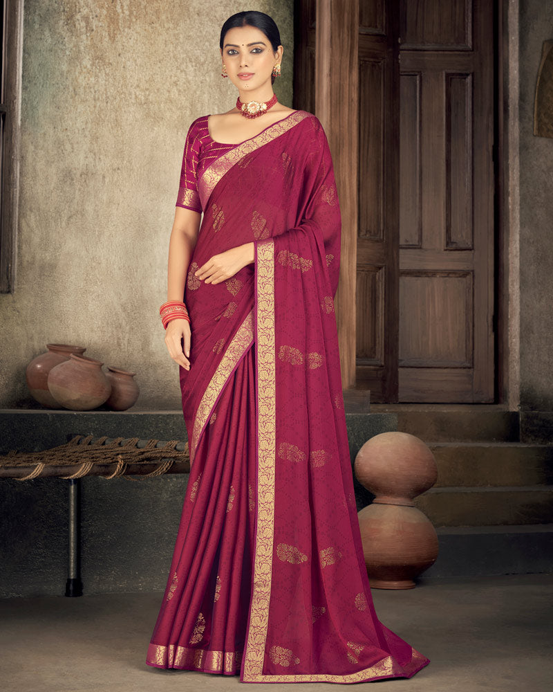 Vishal Prints Wine Chiffon Saree With Foil Print And Zari Border