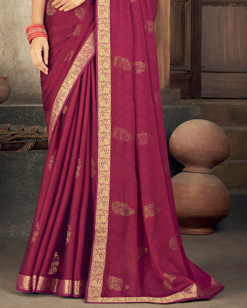 Vishal Prints Wine Chiffon Saree With Foil Print And Zari Border