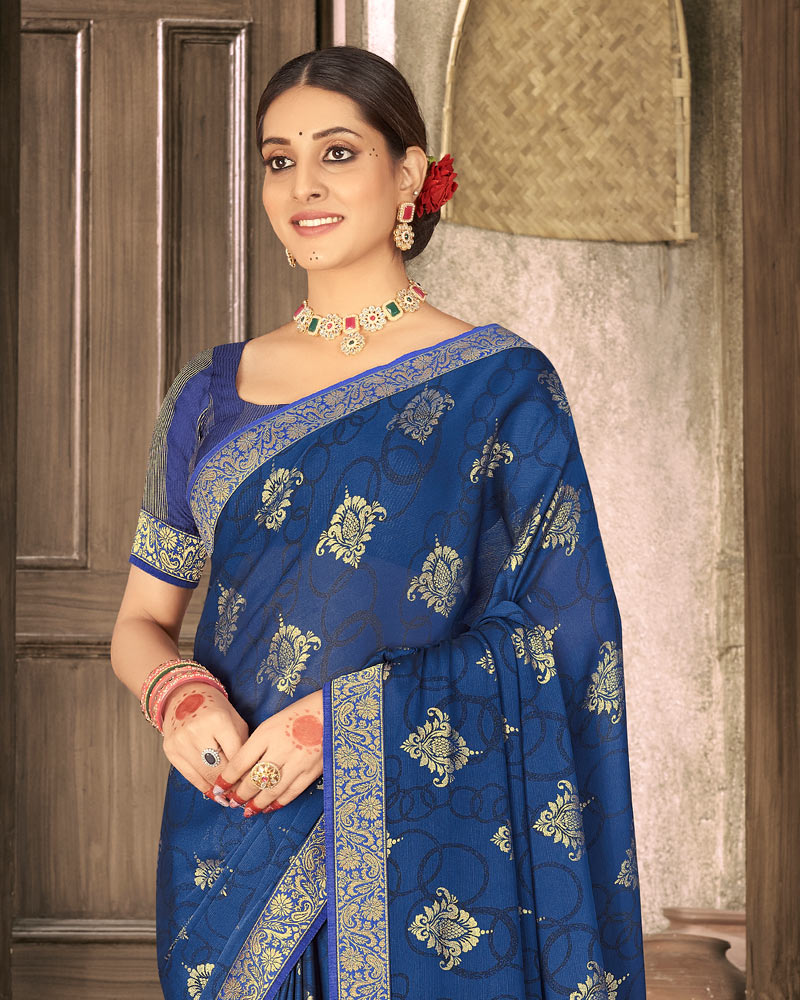 Vishal Prints Ink Blue Chiffon Saree With Foil Print And Zari Border