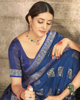 Vishal Prints Ink Blue Chiffon Saree With Foil Print And Zari Border