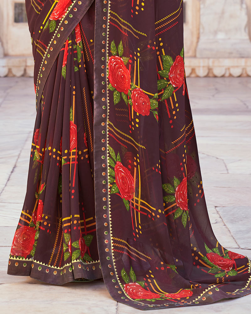 Vishal Prints Wine Printed Georgette Saree With Foil Work And Fancy Border