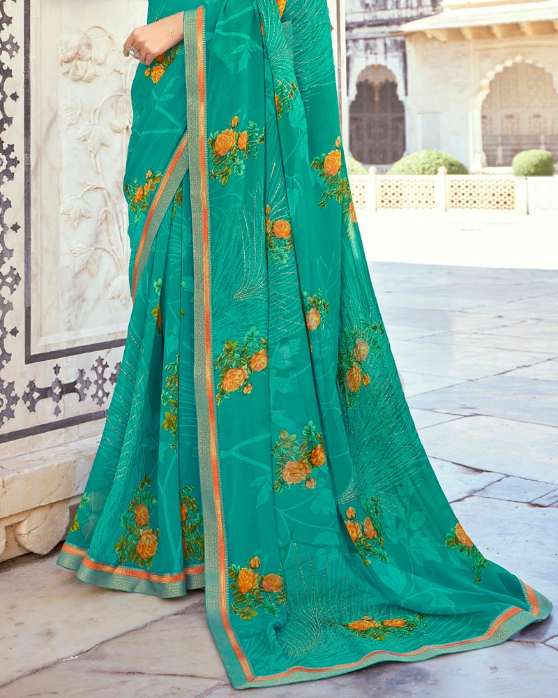 Vishal Prints Aqua Green Printed Georgette Saree With Foil Work And Fancy Border