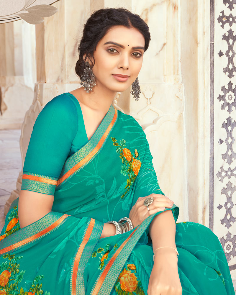 Vishal Prints Aqua Green Printed Georgette Saree With Foil Work And Fancy Border