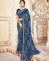 Vishal Prints Ink Blue Printed Georgette Saree With Foil Work And Fancy Border