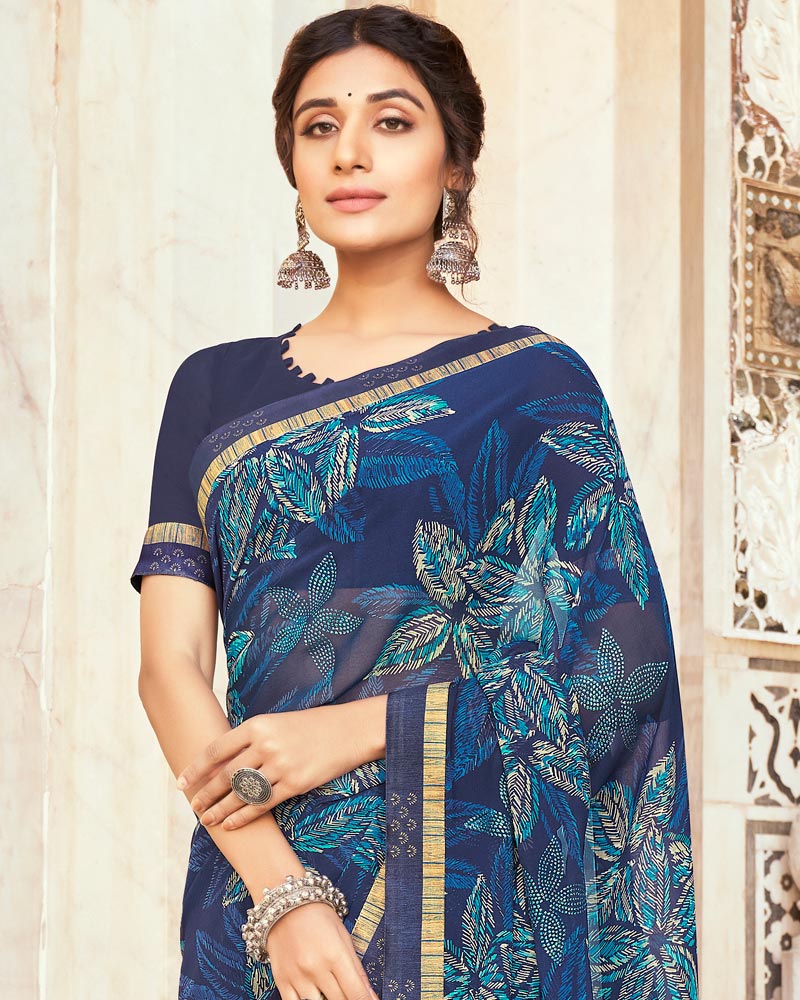 Vishal Prints Ink Blue Printed Georgette Saree With Foil Work And Fancy Border
