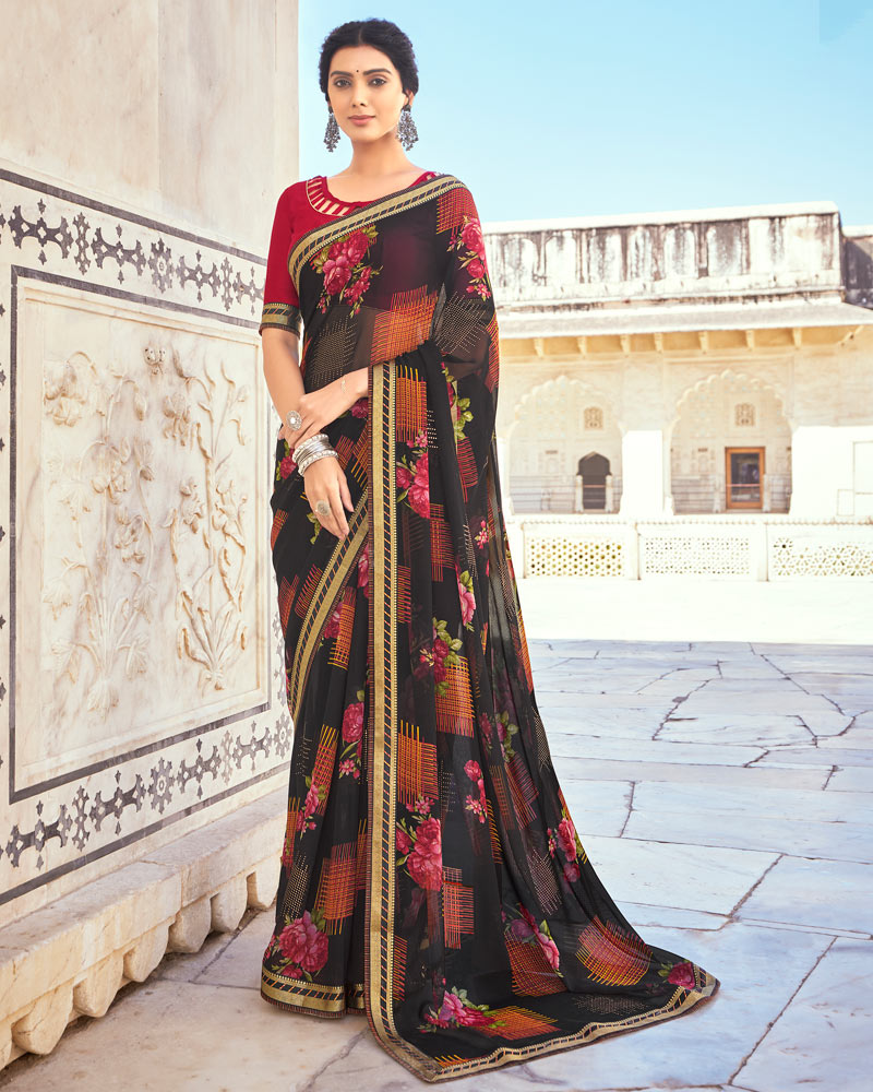 Vishal Prints Black Printed Georgette Saree With Foil Work And Fancy Border