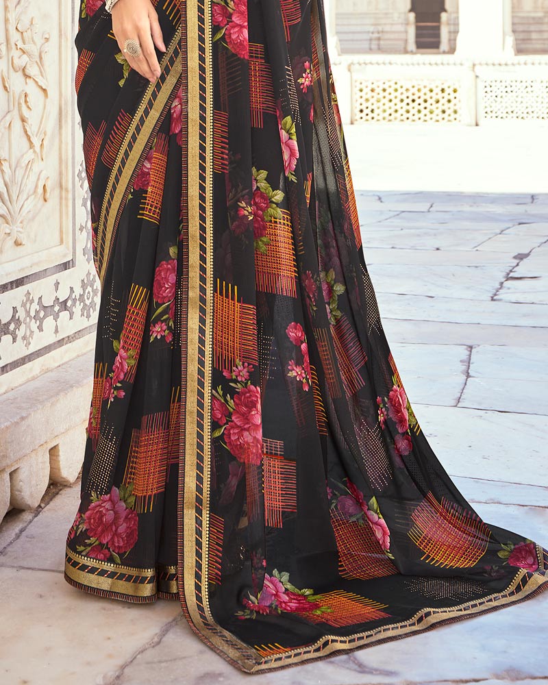 Vishal Prints Black Printed Georgette Saree With Foil Work And Fancy Border