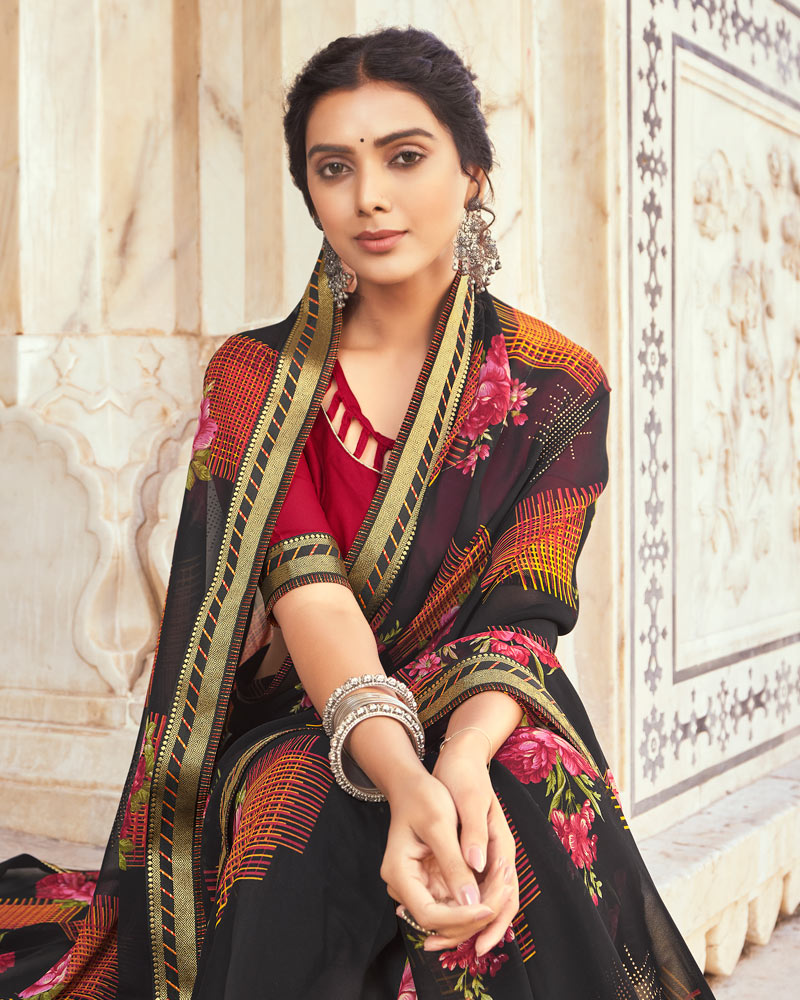 Vishal Prints Black Printed Georgette Saree With Foil Work And Fancy Border