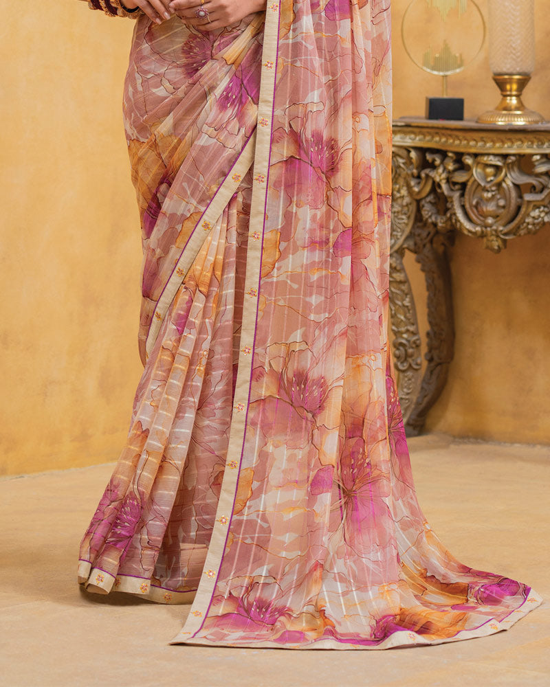 Vishal Prints Pastel Orange Patterned Chiffon Digital Print Saree With Fancy Border